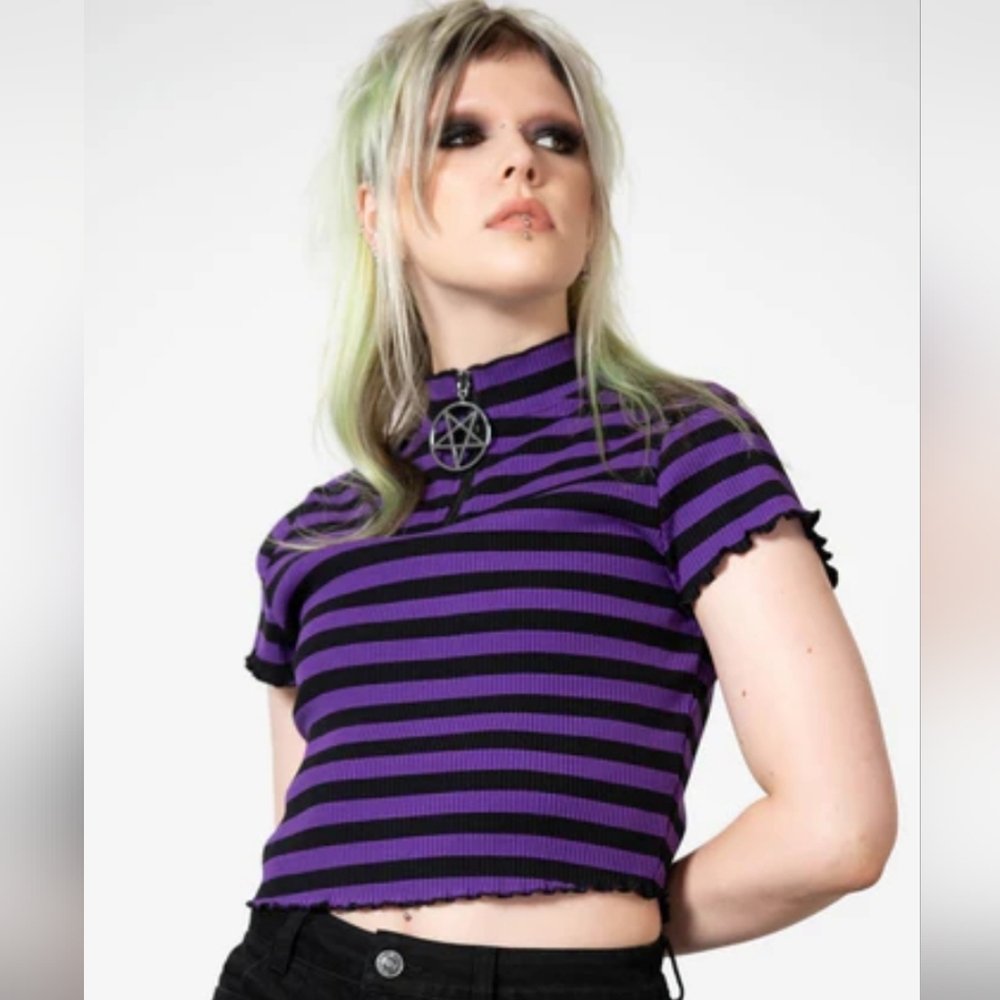 Killstar Women's Purple and Black Striped "Malkin" Crop Top